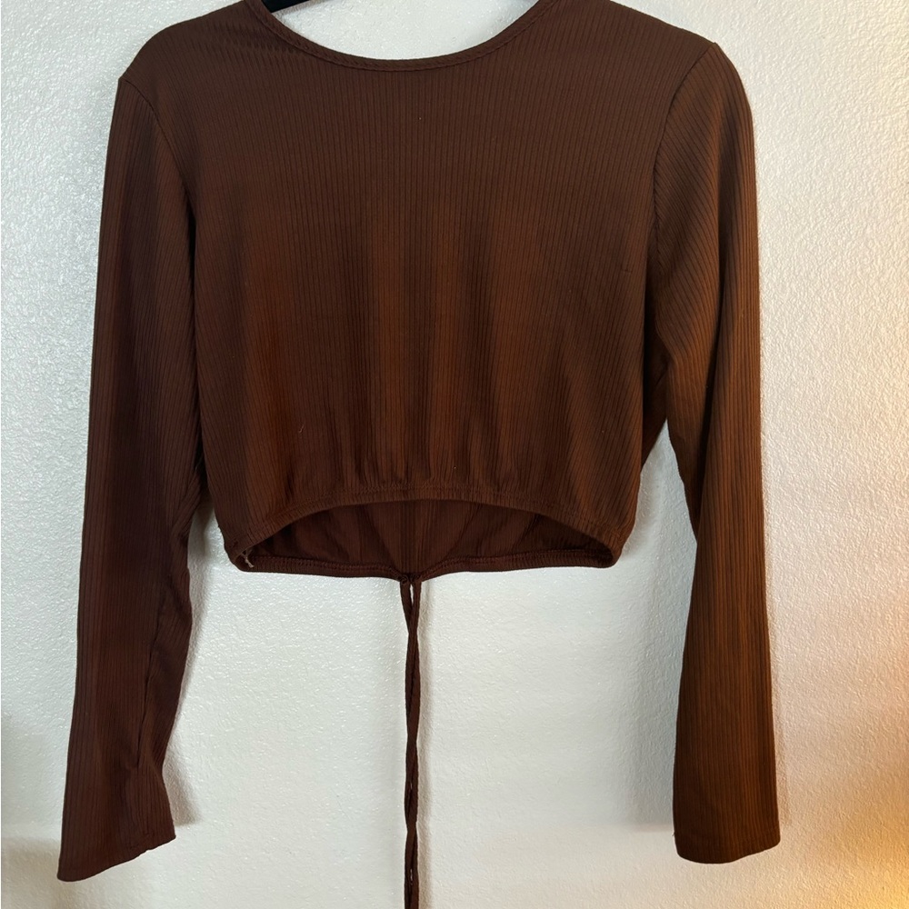 Brown Cropped Blouse with Tie Front and Long Sleeves